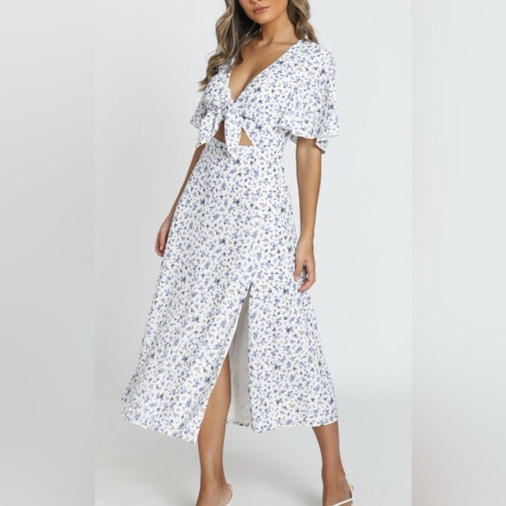 Showpo Wild and Free White Blue Floral Midi Dress Slit Cut Out Tie Front
